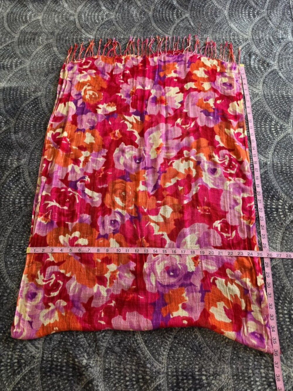 Women's Floral Rectangle Scarf w/ Fringe Pink Purple Red Orange White 72x26 - Picture 2 of 6
